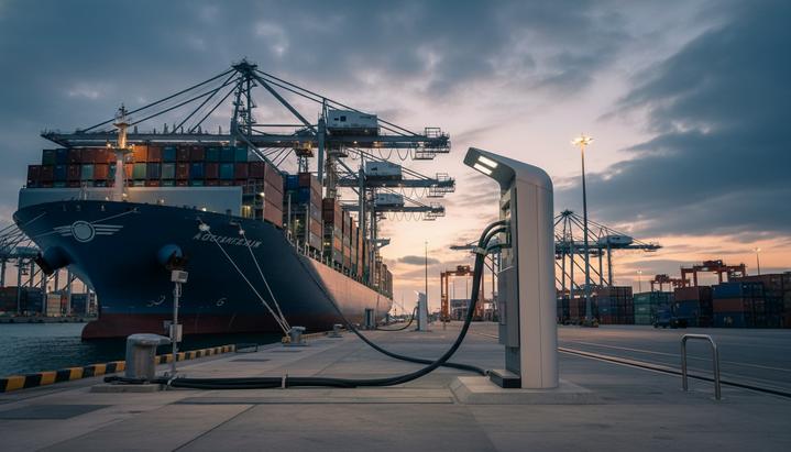 Электрификация Роттердама: порт строит крупнейшую береговую энергосистему Крупный контейнеровоз в порту, подключенный к береговому источнику питания на причале. На фоне видны портовые краны.
