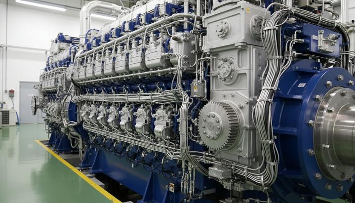 Крупный план современного судового двухтопливного двигателя HD Hyundai HiMSEN в заводском испытательном помещении.