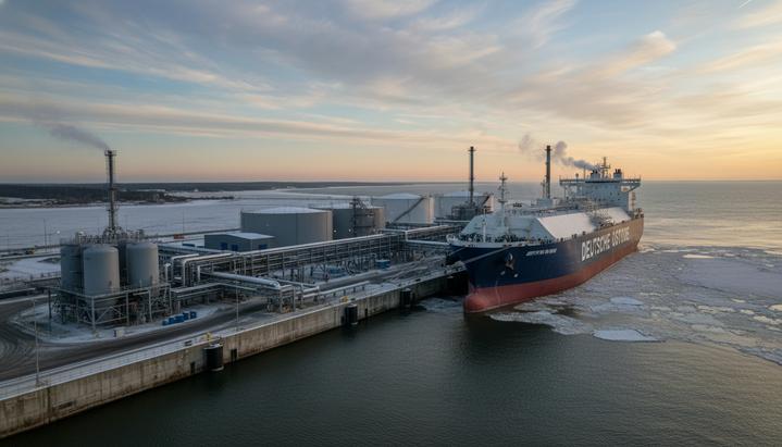 Плавучий СПГ-терминал FSRU у причала в промышленном порту Мукран, Германия, на фоне Балтийского моря.