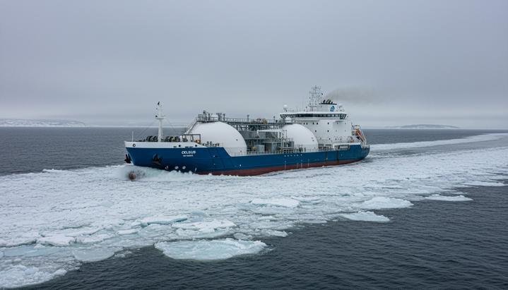 Современное судно-бункеровщик СПГ Celsius движется по замерзшему морю, окруженное льдинами, в суровых северных условиях.