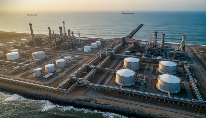 Крупный нефтеперерабатывающий завод с резервуарами и трубами на берегу океана на рассвете. На горизонте виден танкер.
