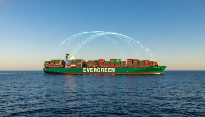 Большой зеленый контейнеровоз Evergreen в открытом море, на который сверху направлены лучи, символизирующие спутниковую связь.
