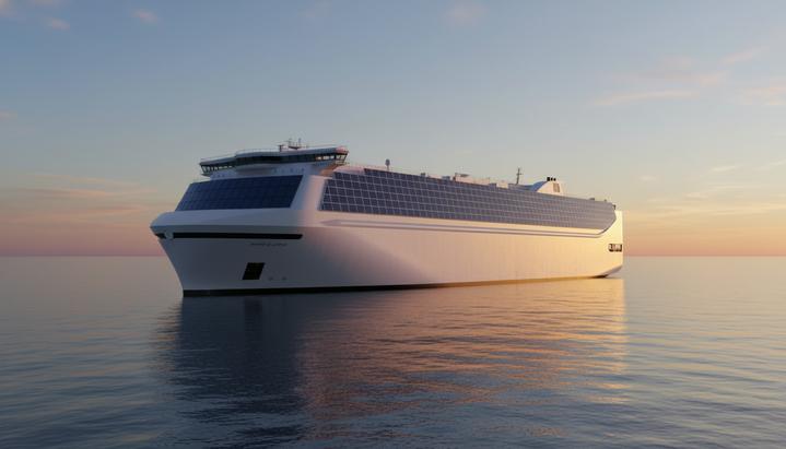 Огромное современное судно-автовоз с солнечными панелями на верхней палубе плывет по спокойному морю на рассвете.