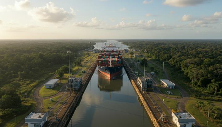 Большой контейнеровоз проходит через шлюзы Панамского канала в окружении густой тропической зелени водосборного бассейна.
