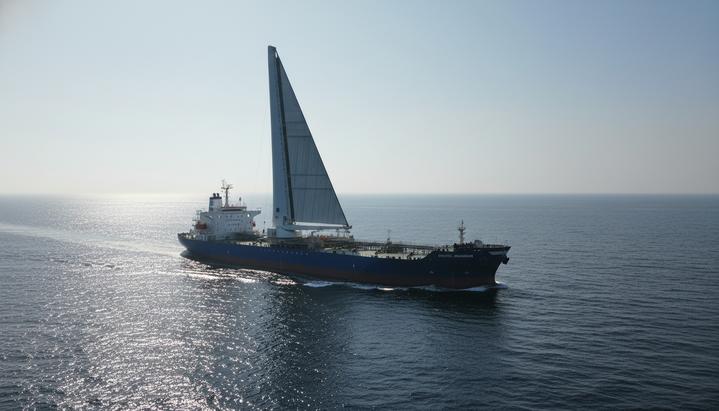 Танкер Oriental Aquamarine в открытом море, оснащенный большим жестким парусом – инновационной системой ветродвижения.