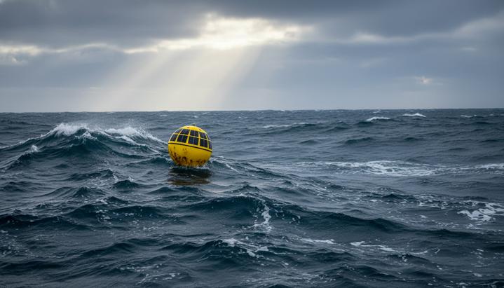 Желтый дрейфующий буй-датчик на поверхности неспокойного синего океана под пасмурным небом.