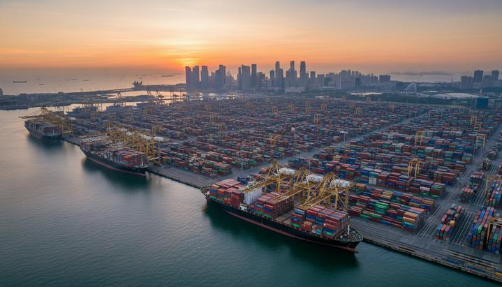 Панорамный вид на грузовой порт Сингапура: контейнеровозы у причалов, портовые краны и ряды грузовых контейнеров.