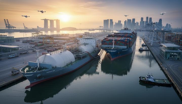 Судно-бункеровщик заправляет сжиженным природным газом большой контейнеровоз в порту Сингапура на рассвете.