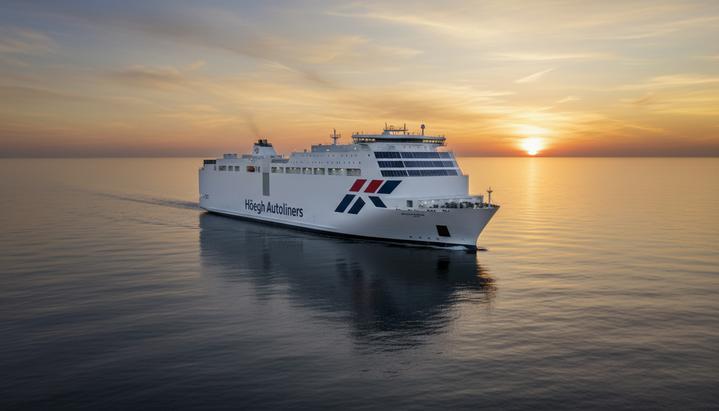 Большое современное судно-автомобилевоз типа RoRo компании Höegh Autoliners в открытом море на рассвете. На его борту виден логотип.