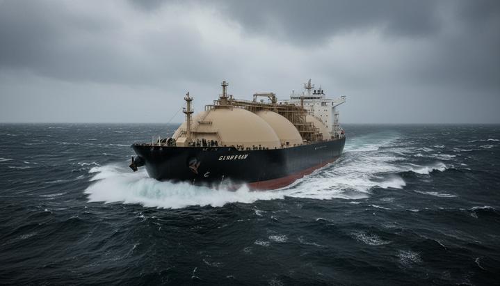 Газовоз СПГ в открытом море в зимний период, судно движется по волнам под пасмурным небом.