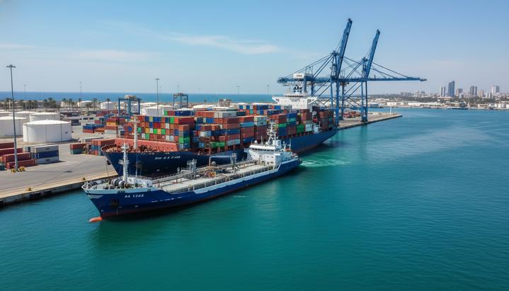 Большой контейнеровоз во время бункеровки (заправки топливом) с баржи в морском порту Лимасола, Кипр.