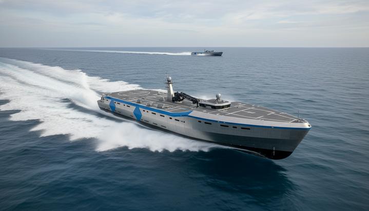 Современный 200-футовый безэкипажный военный корабль в открытом море. Второй корабль виден на заднем плане.