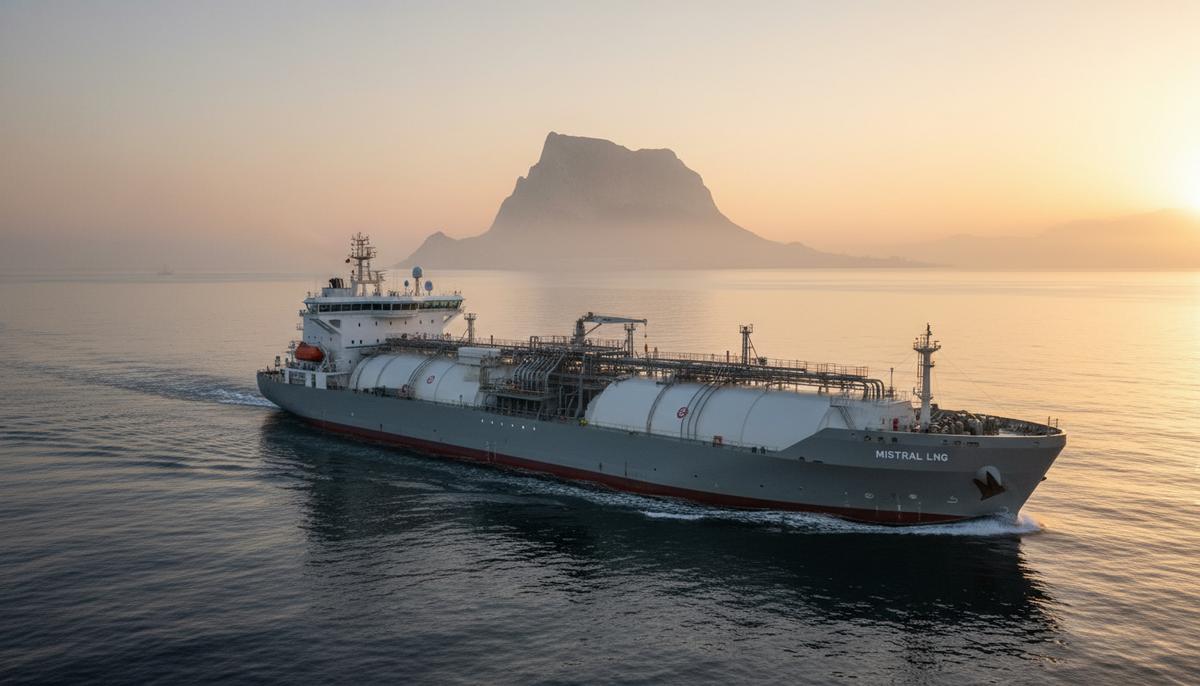 Современное судно-бункеровщик СПГ «Mistral LNG» с криогенными танками на палубе идет по спокойному морю на рассвете на фоне Гибралтарского пролива.