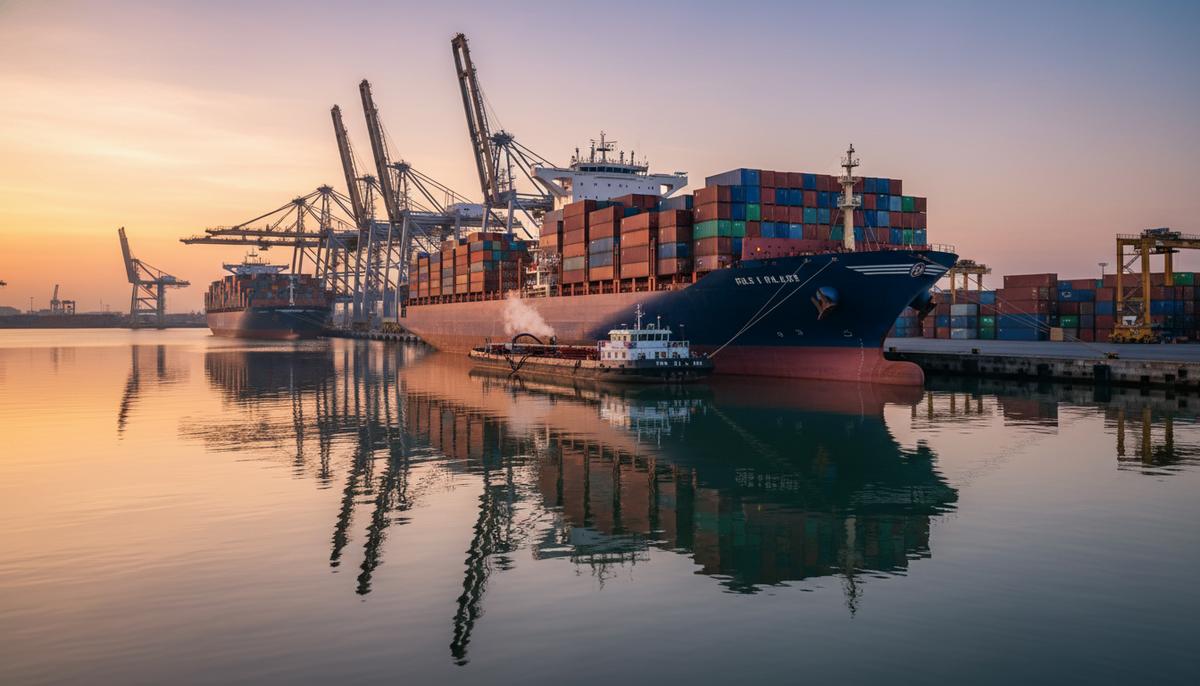 Огромный контейнеровоз во время бункеровки у причала в крупном порту на рассвете. Рядом с судном находится бункеровочная баржа.