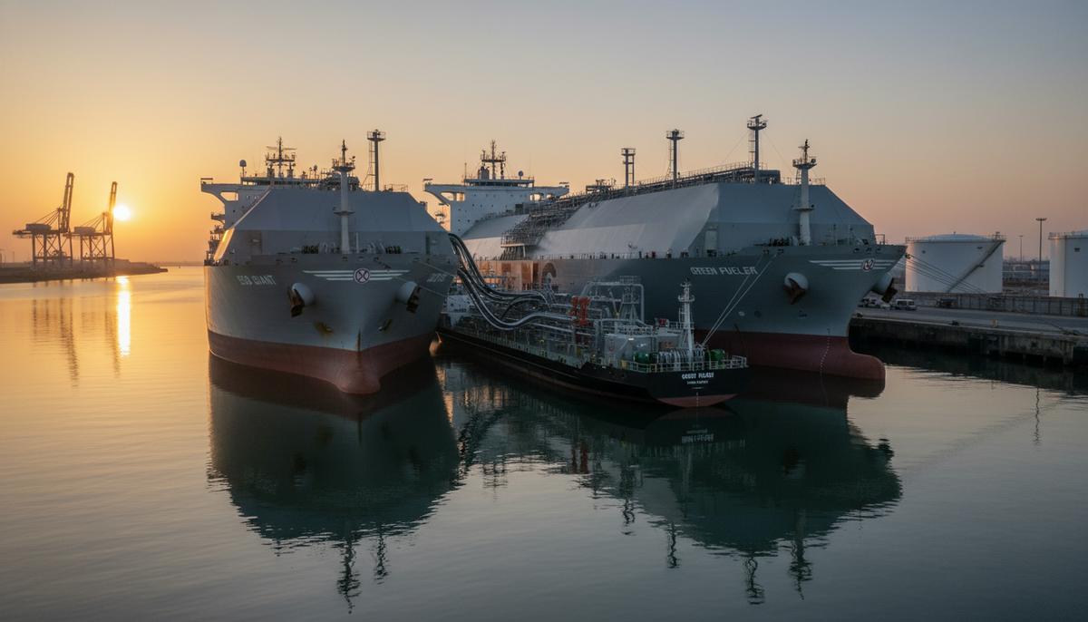 Современный СПГ–бункеровщик заправляет большой контейнеровоз сжиженным природным газом в порту на рассвете. Два судна соединены криогенными шлангами.