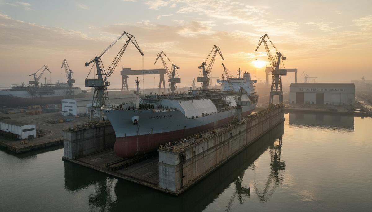 Огромная верфь на рассвете, в сухом доке идет строительство современного газовоза в окружении портовых кранов.