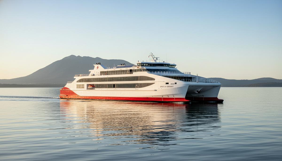 Огромный белый катамаран-паром China Zorrilla идет по реке Деруэнт в Тасмании на фоне горы Веллингтон.