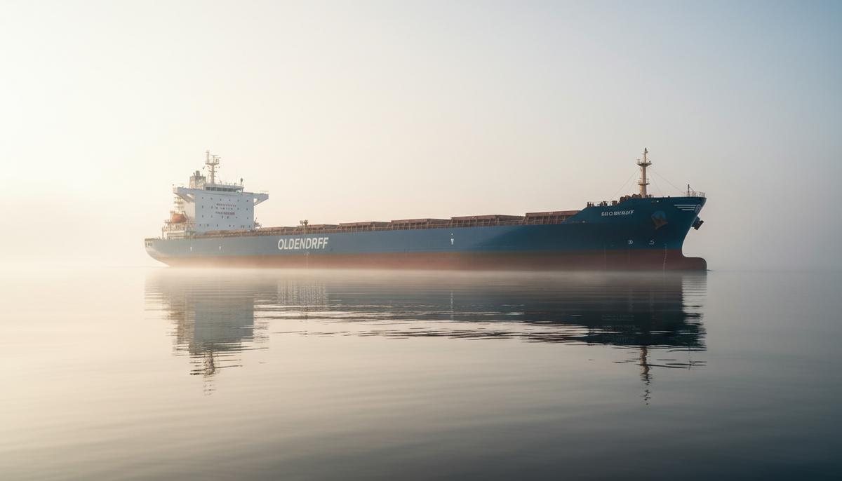 Oldendorff Carriers сокращает выбросы CO2 с помощью шведских технологий Огромный современный балкер компании Oldendorff Carriers в открытом море на рассвете, вид с низкого ракурса.