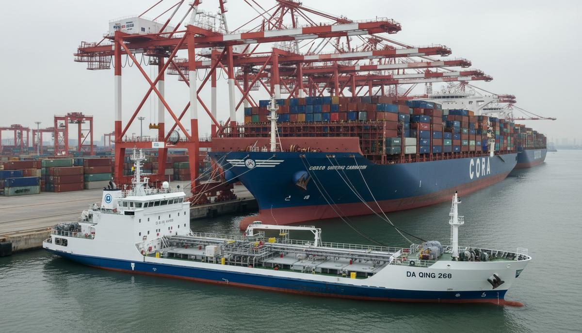 Двухтопливный бункеровщик метанола «Da Qing 268» осуществляет заправку контейнеровоза в порту Яньтянь в Шэньчжэне.