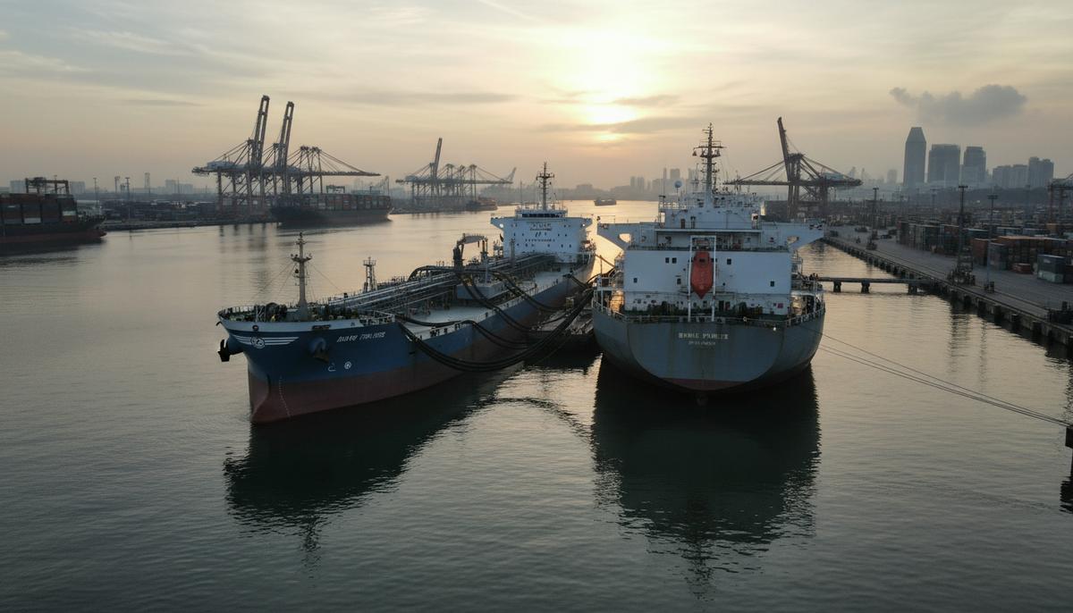 Танкер-бункеровщик «Golden Antares» заправляет метанолом балкер «Brave Pioneer» в акватории порта Сингапур.