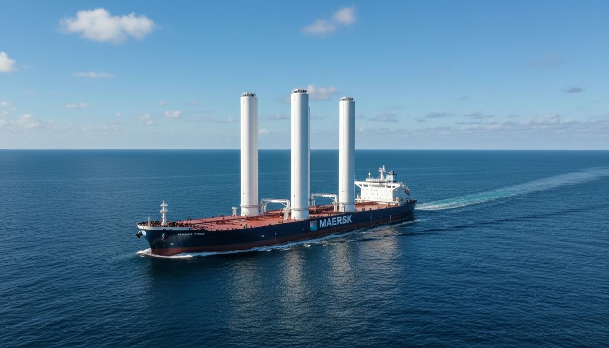 Танкер-продуктовоз Maersk Trieste в море с четырьмя высокими цилиндрическими всасывающими парусами eSAIL на палубе.