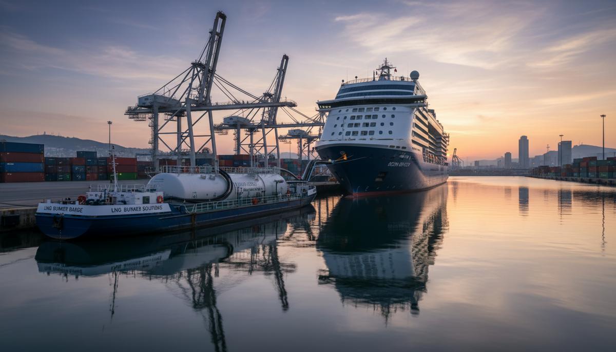 СПГ-бункеровщик у борта большого круизного лайнера во время заправки топливом в порту Барселоны на рассвете. На фоне портовые краны.