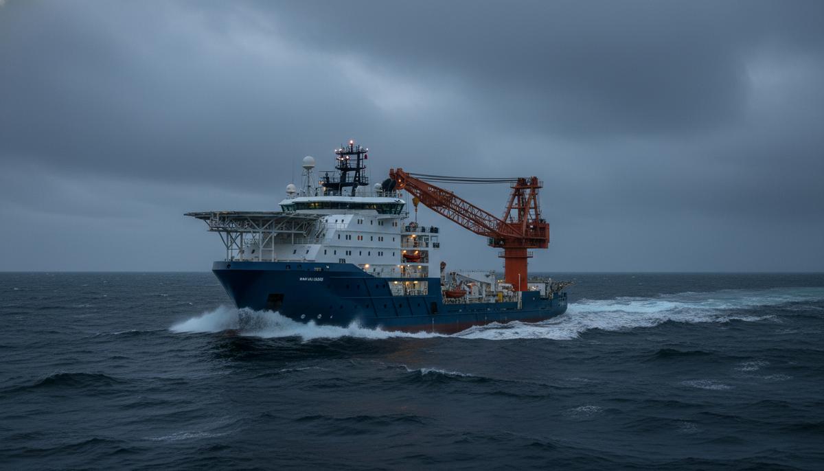 VARD доказала: атомные суда – технически осуществимый проект Крупное шельфовое строительное судно с краном и вертолетной площадкой идет по волнам в открытом море.