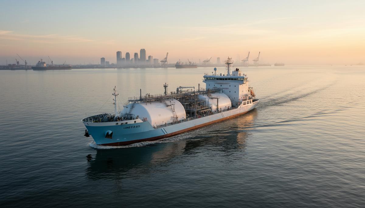 Современное судно-бункеровщик СПГ в водах Мексиканского залива на фоне промышленного порта Галвестон на рассвете.