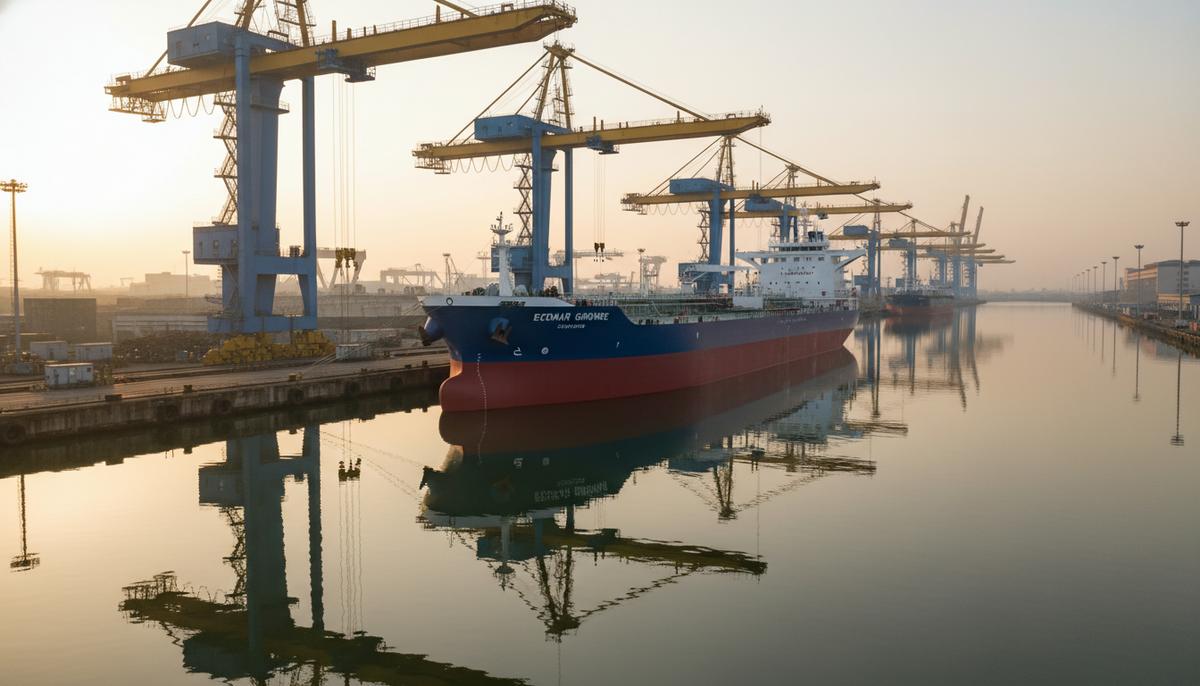 Новый флот для метанола: Hafnia завершает серию танкеров ECOMAR Новый химический танкер-продуктовоз ECOMAR GIRONDE у причала на верфи в Гуанчжоу, Китай, в окружении портовых кранов.