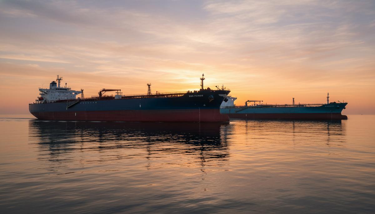 Два нефтяных танкера, гигантский VLCC и танкер Suezmax поменьше, плывут бок о бок в открытом море на рассвете.