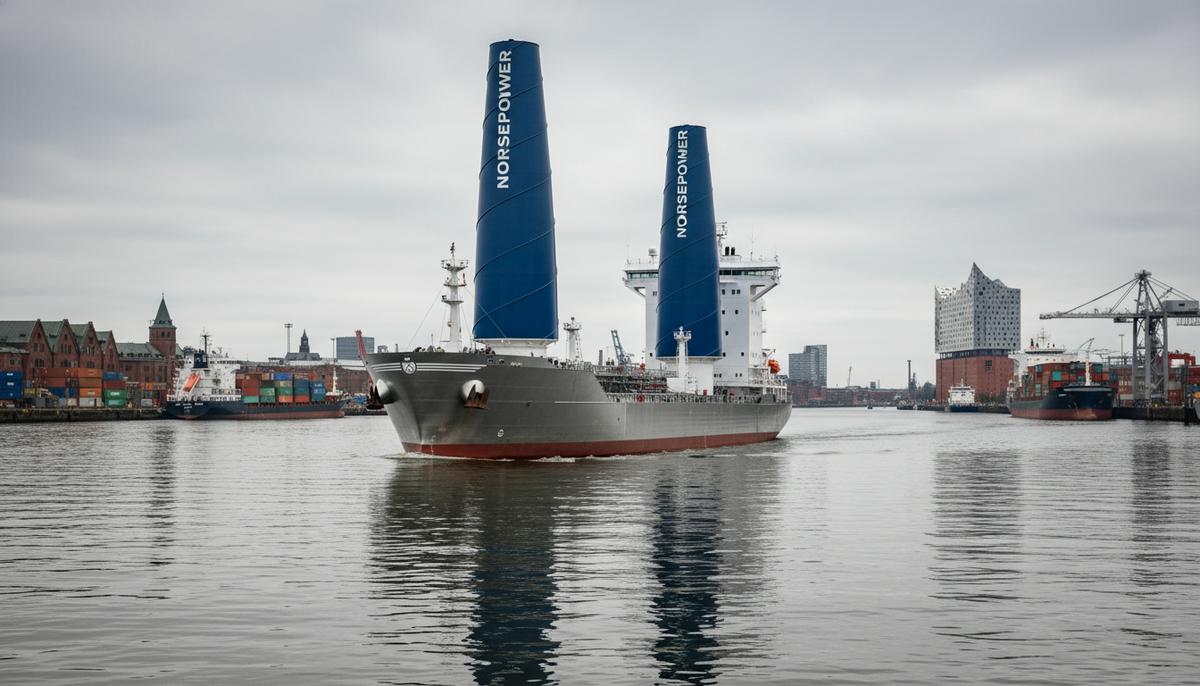 Современный танкер-химовоз из нержавеющей стали с роторными парусами в акватории крупного морского порта на фоне портовых сооружений.