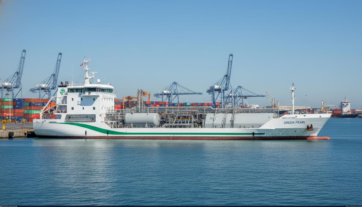 Современное судно-бункеровщик СПГ «Green Pearl» стоит у причала в порту Генуи на фоне портовых кранов и спокойного моря.