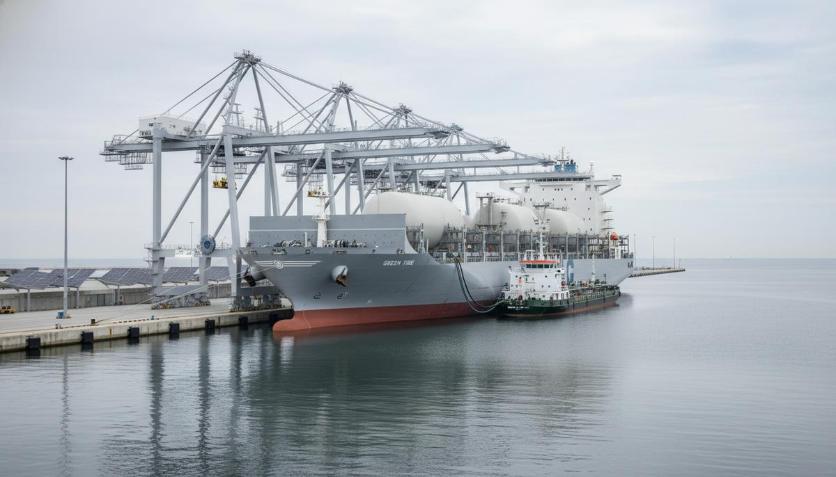 Современный контейнеровоз на двухтопливном двигателе в порту во время заправки экологичным топливом с бункеровочного судна.