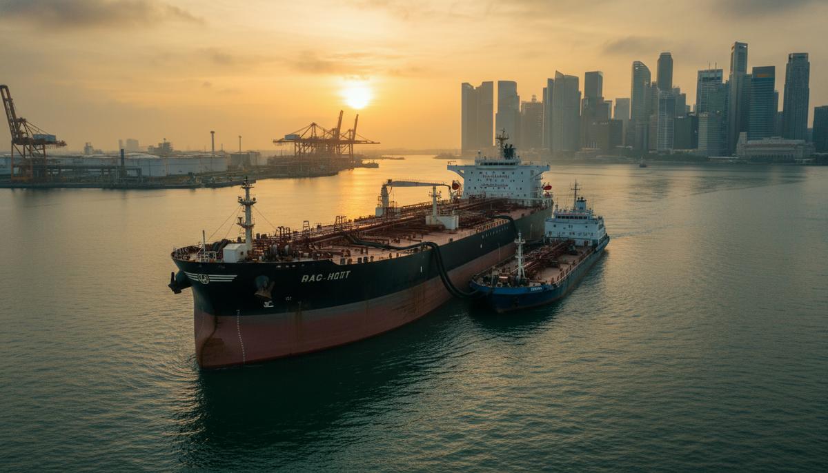 Большой нефтяной танкер во время бункеровки в порту Сингапура на фоне промышленных терминалов и городского пейзажа.