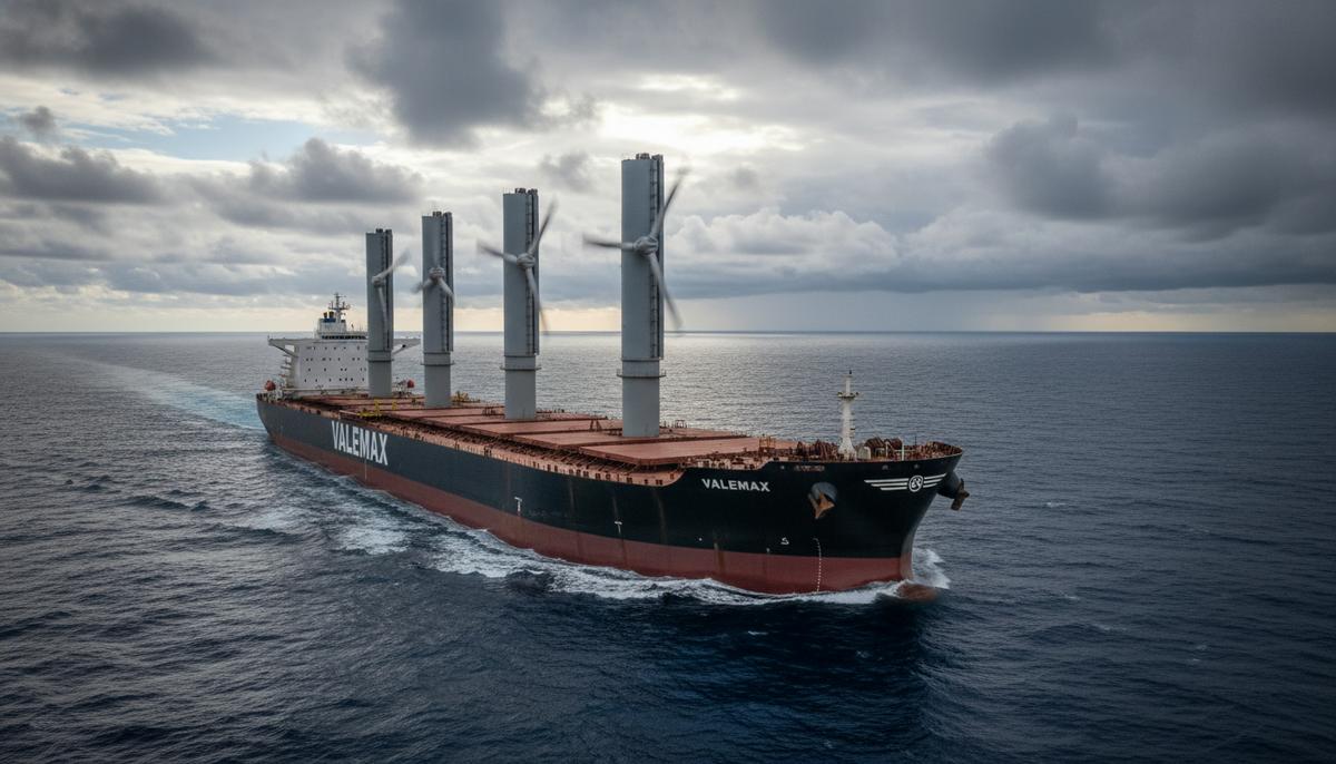 Огромный рудовоз (VLOC) с установленными на палубе роторными парусами Anemoi движется по открытому морю.