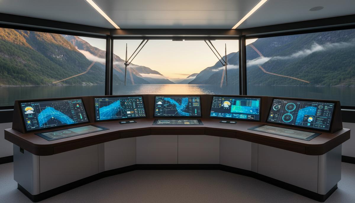 OrbitMI усиливает экспансию в Европе: назначен новый директор в Осло Пустой мостик современного грузового судна с работающими навигационными экранами, плывущего по норвежскому фьорду на рассвете.