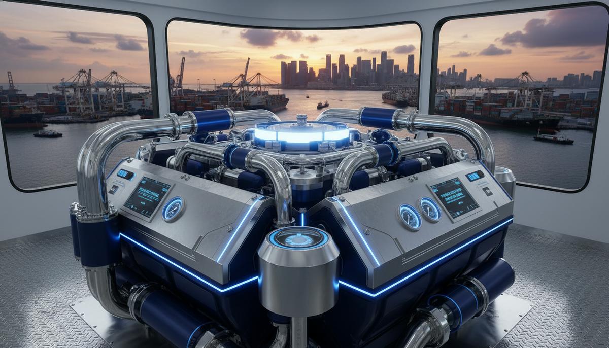 Футуристический судовой двигатель с комплексом труб и датчиков в чистом машинном отделении современного судна на фоне крупного морского порта на рассвете.