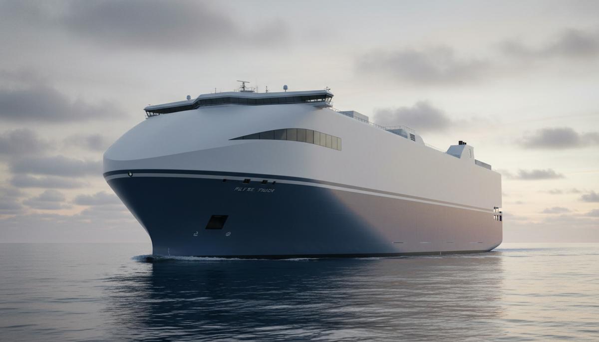 Современное судно-автовоз серии Sleipner с аэродинамической надстройкой и реверсивным носом в открытом море на рассвете.