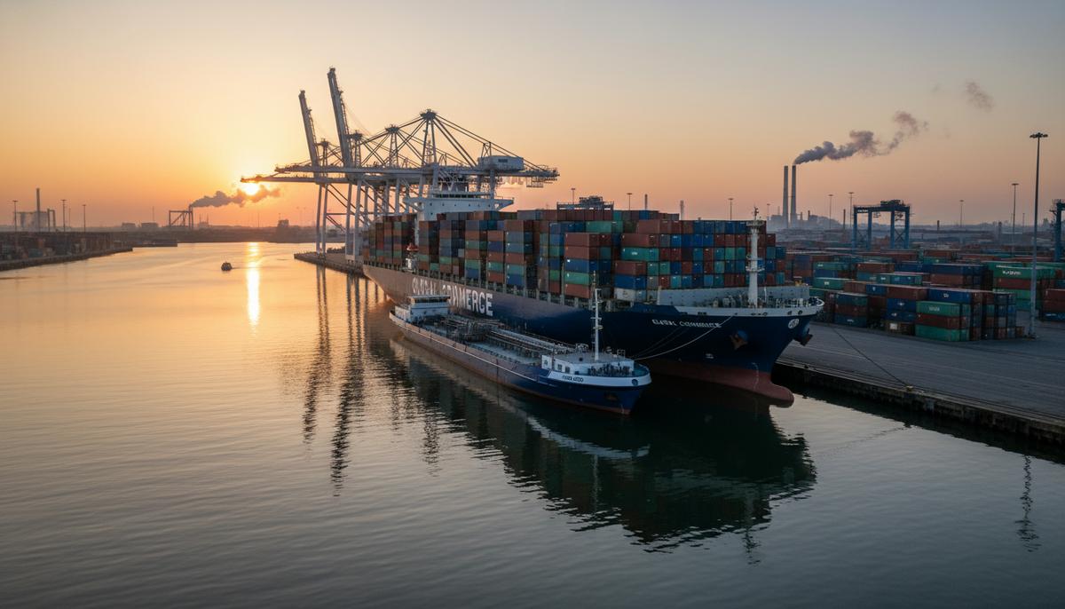 Spotbarge представил ИИ для анализа рынка судового топлива Бункеровочная баржа заправляет топливом большой контейнеровоз в порту Роттердама на рассвете на фоне портовых кранов и контейнеров.