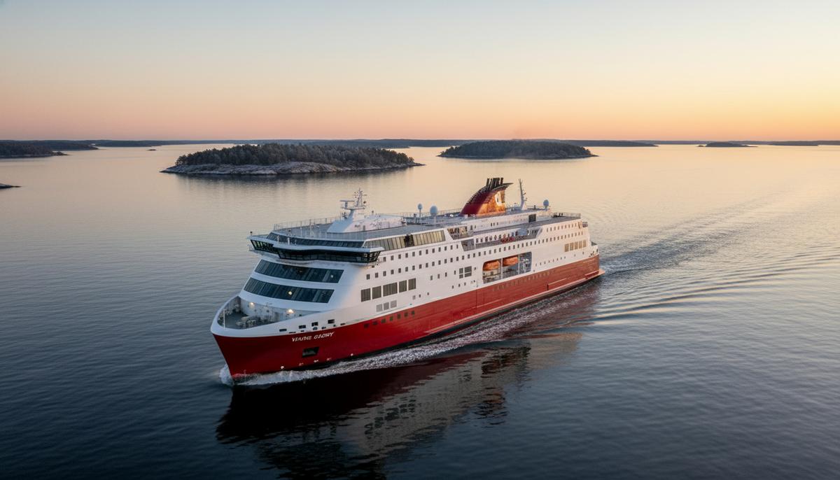 Современный пассажирский паром Viking Glory в море на фоне скалистых островов Балтийского архипелага на рассвете.