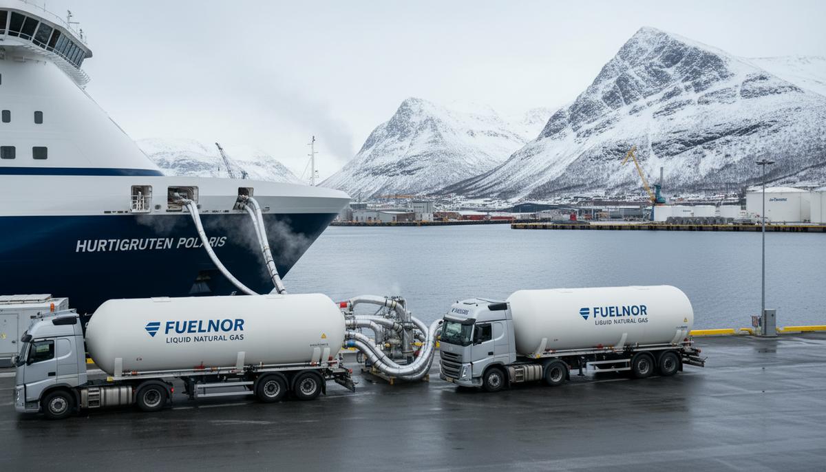 Операция по бункеровке СПГ в порту Хаммерфест, Норвегия. Два автоцистерны заправляют современное круизное судно на фоне арктического пейзажа и портовой инфраструктуры.