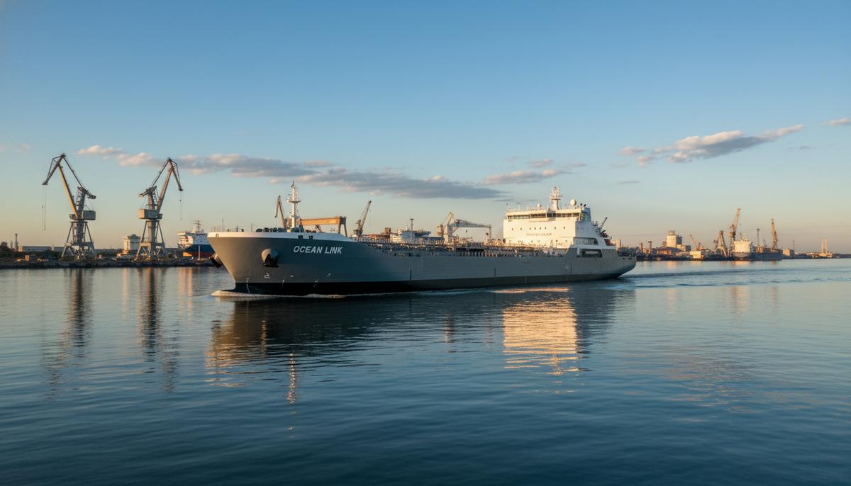 Современный танкер-бункеровщик «Анна Козулич» на воде после спуска, на фоне промышленных объектов верфи.