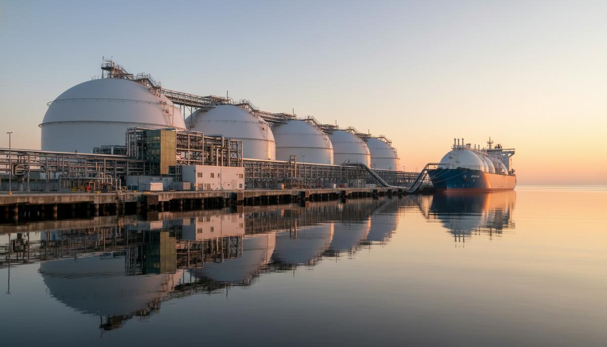 Испанский терминал Мугардос: новый центр по бункеровке био-СПГ для декарбонизации флота Энергетический терминал в Мугардосе, Испания, с крупными криогенными резервуарами для СПГ и бункерной инфраструктурой на побережье.