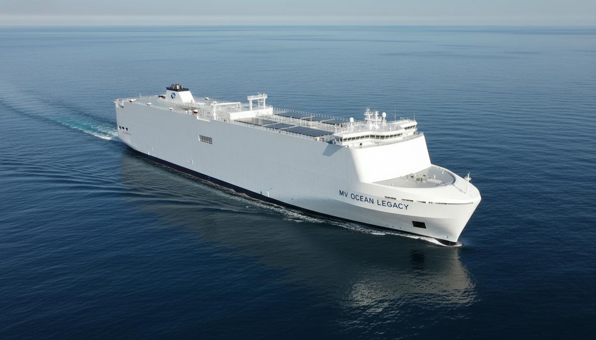 Современное белое судно-автомобилевоз «Ocean Legacy» в открытом море под ясным небом, демонстрирующее экологичный дизайн.