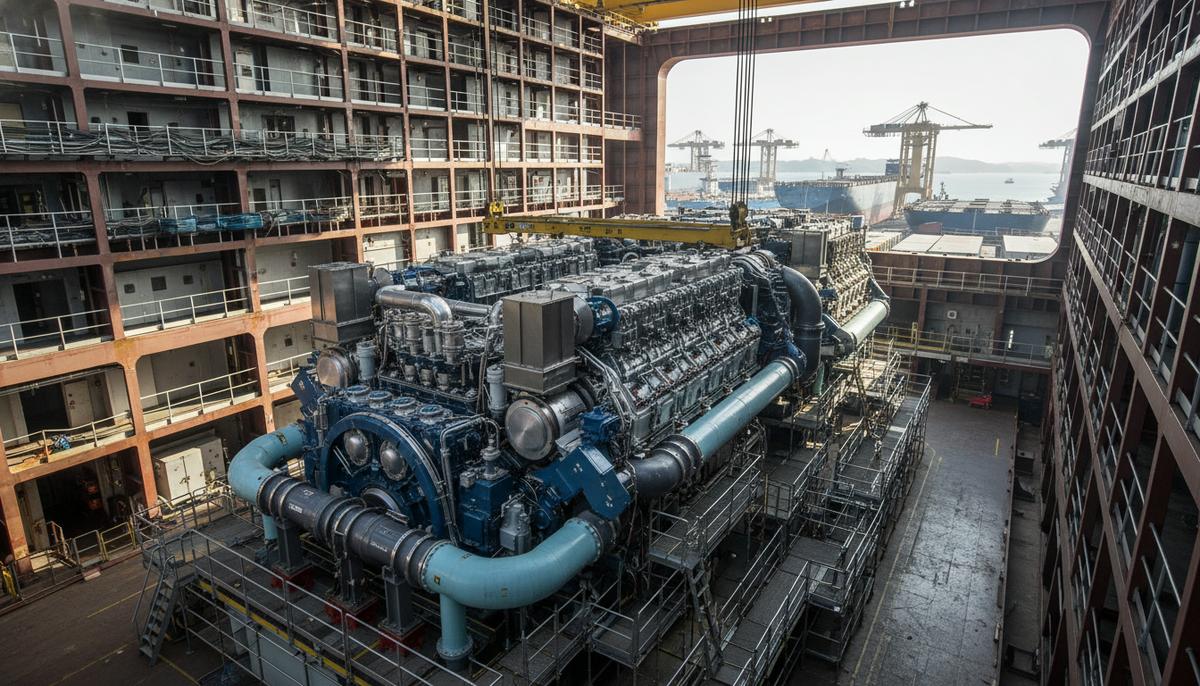Мощный двухтопливный морской двигатель в машинном отделении строящегося контейнеровоза на современной верфи. Трубопроводы для топлива.