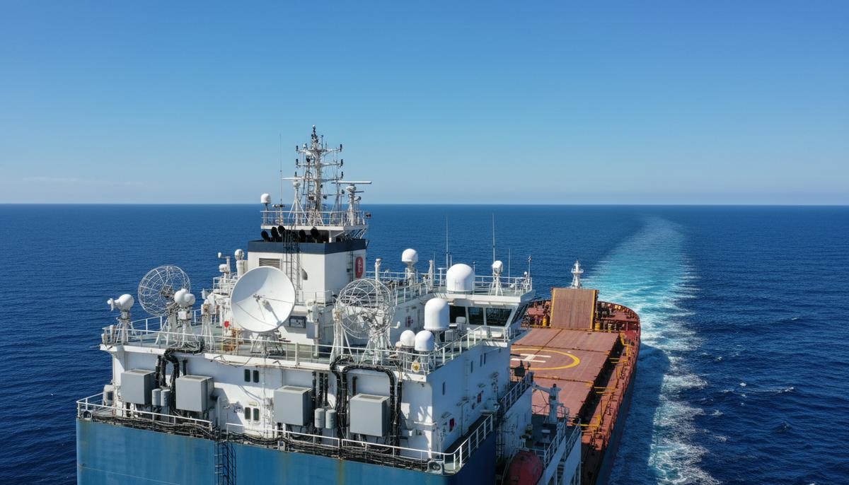 Крупный контейнеровоз в открытом море с установленными спутниковыми антеннами на палубе. Современные технологии морской связи.