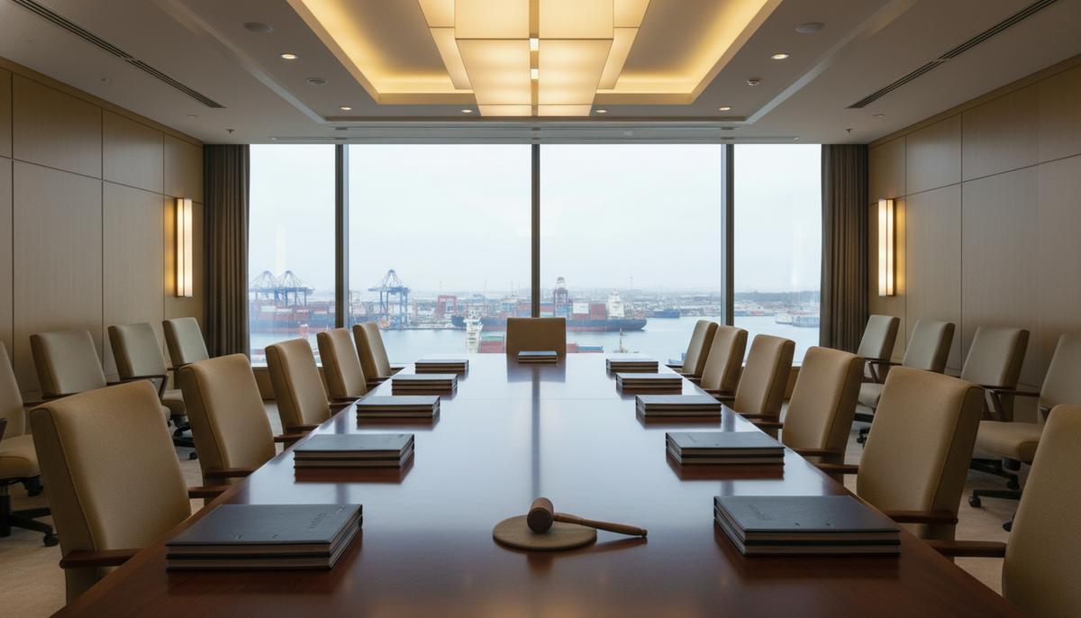 Пустой конференц-зал с полированным столом, аккуратно расставленными стульями и документами. Вдалеке виден морской порт.