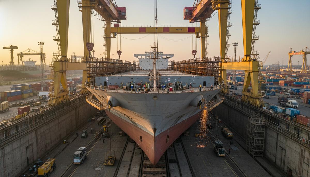 Большой современный контейнеровоз на строительстве в сухом доке верфи. Видны стальные конструкции корпуса и портовые краны.