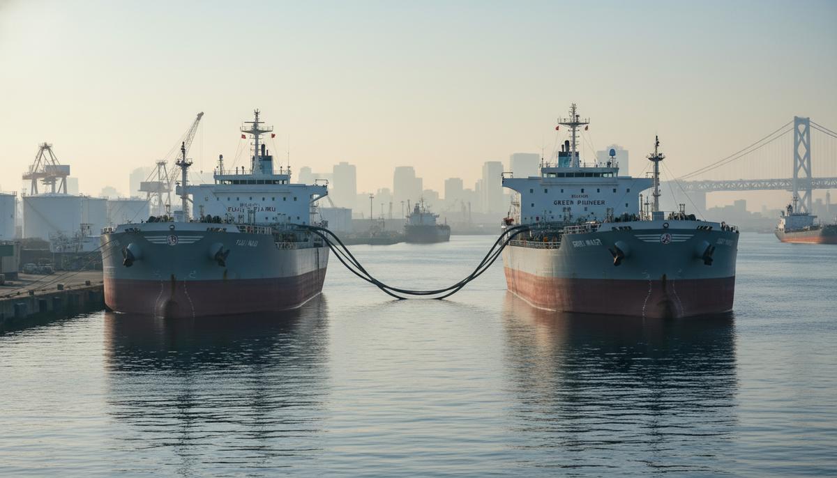 Два больших судна, бункеровщик и метаноловоз, соединенные шлангами для перекачки топлива на якорной стоянке в порту Йокогама, Япония.