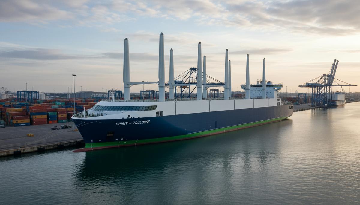 Современное судно RoRo «Spirit of Toulouse» с шестью роторными парусами Norsepower у причала в порту, на фоне морского пейзажа и портовой инфраструктуры.